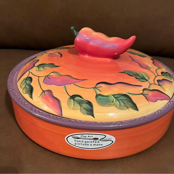 Clay Art Hand Painted Chili Fiesta Tortilla Warmer w/ Lid